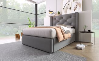 Polsterbett 90x200 cm hydraulisch mit Bettkasten, gestepptes Kopfteil, Baumwolle, Grau