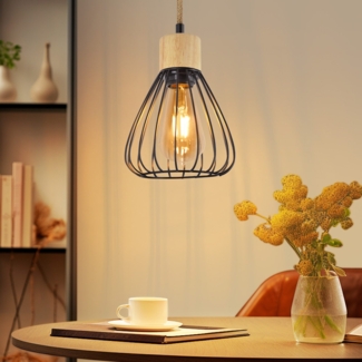 ZMH Pendelleuchte Esstisch Hängelampe Vintage - Esszimmerlampe Schwarz Esszimmer Hängeleuchte Metall 1 Flammig Retro Hanfseil aus Holz Industrial E27 Pendellampe für Wohnzimmer (ohne Leuchtmittel)