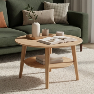 skølm 'Mjölnir' Couchtisch rund, Massivholz Eiche, natur geölt, Wohnzimmertisch Ø70 cm, Beistelltisch für Wohnzimmer mit Ablage