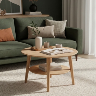 skølm 'Mjölnir' Couchtisch rund, Massivholz Eiche, natur geölt, Wohnzimmertisch Ø70 cm, Beistelltisch für Wohnzimmer mit Ablage