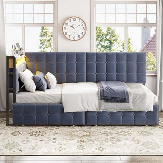 Odikalo Schlafsofa Daybett Stauraumbett Polsterbett USB Schubladen 90x200cm Grau/Beige