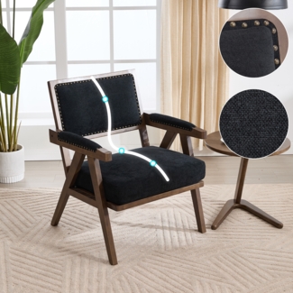 Loungesessel mit Massivholzrahmen & Stoffbezug, Retro Einzelsessel mit Nieten, Polstersessel für Wohnzimmer & Büro,Schwarz