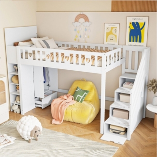 TavilaEcon Hochbett mit Stauraumleiter, Regalen & klappbarem Stauschrank, 90x200 cm (Ohne Matratze)