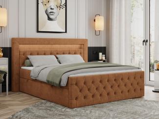 Boxspringbett, Stauraumbett mit Bettkasten, LED - GOLD-9 - 200x200cm - Orange Stoff - H3