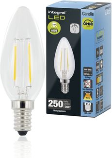 Integral LED 4 PACK E14 Omni-Filament Warm 2700K, 250LM, 2W (entspricht 25W) Nicht dimmbare Kerzenlampe - Energieeffizient & Ideal für Lampen & Kronleuchter im Wohnzimmer, Esszimmer & Schlafzimmer