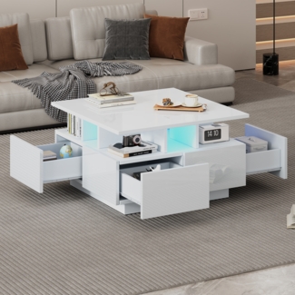 Couchtisch, Wohnzimmer, Hochglanz-Kaffeetisch, Mit LED-Licht, Sofatisch mit 4 Schubladen, Beistelltisch mit geometrischem Design, Weiß, Gesamttragkraft 30 kg, 70 × 70 × 40 cm