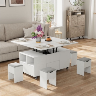 VOWNER Couchtisch 4-in-1 Couchtisch, wandelbar in Esszimmer-Esstisch, höhenverstellbar, mit Stauraum und 4 Hockern,103 x 53 x 50 cm/103 x 103 x 68 cm