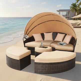 Sonneninsel Sonnenliege Rattan Lounge 180CM Tisch Polyrattan Gartenmuschel
