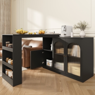 Esszimmerschrank Sideboard Schwarz mit 360° Drehfunktion, Changhong-Glas Türen,Aufbewahrungsschrank mit Regalen und Schubladen