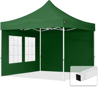 3x3 m Faltpavillon, ECONOMY Stahl 30mm, Seitenteile mit Sprossenfenstern, dunkelgrün