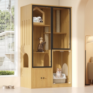 Katzenmöbel mit Panoramatür aus gehärtetem Glas, Mehrschichtige Katzenvilla mit Katzenhaus, Regale und Jutekratzpfosten,Ahornfaebe