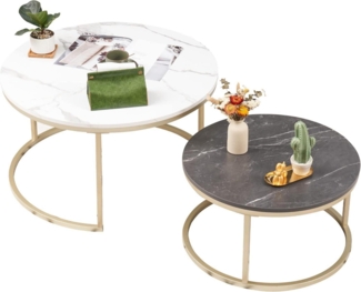 Couchtisch Rund Weiß Marmor Gold Metallgestell 2er Set Beistelltisch Modern
