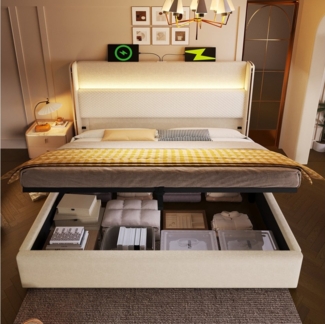 TavilaEcon Boxspringbett Modernes hydraulisches Bett mit hohem Kopfteil und LED-Beleuchtung (1-St), mit USB, Type-C-Anschlüssen, 140×200cm, beige/grau
