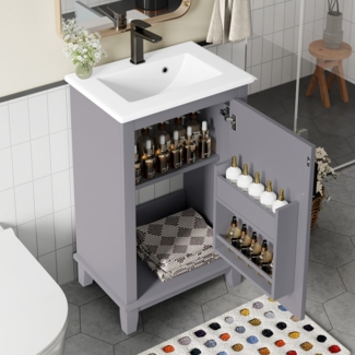 Merax 51 x 34 x 83 cm Waschtisch, Badezimmerschrank mit Waschbeck, verstellbare Regale, integriertes Keramikwaschbecken, geeignet für kleine Räume, Grau