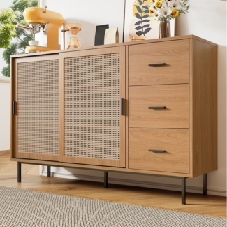 Flieks Kommode mit 2 Rattan-Schiebetüren und 3 Schubladen (Maße: B140/H91/T37 cm, 1 St, Schrank für Wohnzimmer, Schlafzimmer, Arbeitszimmer und Esszimmer), Sideboard Holzschrank Mehrzweckschrank mit verstellbaren Einlegeböden