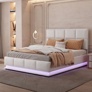 BlingBin Polsterbett Stauraumbett, Doppelbett (Bett, 1-tlg, mit LED Beleuchtung & Hydraulisch anhebbarer Bettstauraum), Bettkasten und Lattenrost Bezug aus Kunstleder Jugendbett Weiß