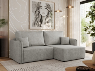 L-förmiges Ecksofa mit Armlehnen, für das Wohnzimmer, Schlaffunktion und Bettkästen, Wellenfeder am Sitz, losen Kissen - MESTO - Hellgrau Struktur - rechte Seite