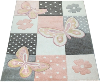 Paco Home Kinderteppich Cosmo 220, rechteckig, Höhe: 12 mm, 3D-Design, Patchwork Muster, niedliches Motiv Schmetterlinge & Punkte