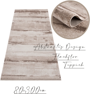 Teppich Läufer fürs Flur Korridor - 80x300cm - Braun Beige Erdtöne - Meliert Abstrakt Design - Weich Flachflor Dekoration Deko Teppiche