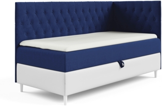 MEBLINI Kinderbett mit Bettkasten FILIPPO 3 80x200 Rechts – H3/Blau Samt Gepolstert Einzelbett mit Matratze - Polsterbett mit Stauraum - Bett mit Kopfteil – Stauraumbett