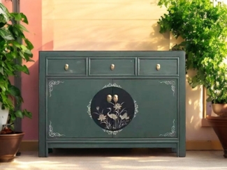 Vintage Kommode Dunkelgrün chinesisch Schrank Sideboard Kolonial-Stil Antik-Stil Lowboard asiatisch orientalisch Fernost shabby-chic Landhaus