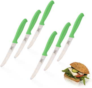 KHG 6er Set Frühstücksmesser Brötchenmesser Tomatenmesser Grün | 12 cm Klinge Edelstahl mit Wellenschliff | Tafelmesser Brotzeitmesser Vespermesser mit Fingerschutz