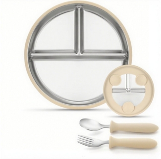 Auledio Kindergeschirr-Set Edelstahl Baby Teller mit Silikon Saugnapf,Spülmaschinenfest