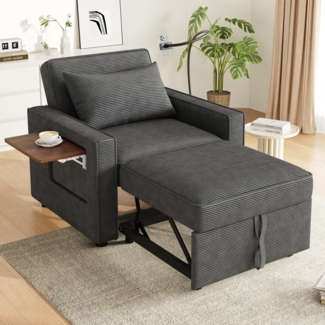 Multifunktionales Schlafsofa aus Cord mit USB & Type-C-Anschluss, 3-fach verstellbarer Rückenlehne, Beistelltisch & Handyhalter,Grau