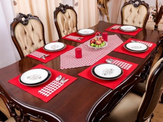 Ekershop Tischläufer und 6 Platz-Matten Set Tischset Platzset Platzdecken Rot Kariert (Kariert)