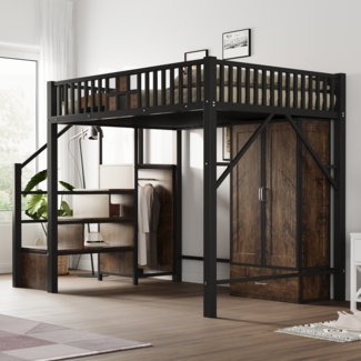 Merax Hochbett, Metall-Kinderbett 140 × 200 cm, Komplett Mit Großem Kleiderschrank, Schubladen und Aufbewahrungsleiter, Schwarz