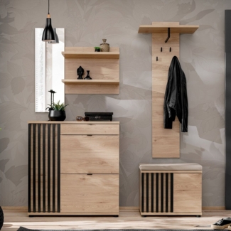 Lomadox Garderoben-Set POLICORO-164, (Spar-Set, 4-St, Spiegelpaneel Schuhschrank Garderobenpaneel Schuhbank), Flurgarderobe, Kastanienholz mit schwarzen Lamellen, inkl. Sitzpolster