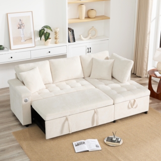 Merax L-Sofa mit ausziehbarem Schlafsofa mit Schlaffunktion, ausgestattet mit Stauraum, USB-Ladegerät, Armlehnen-Stauraum und 2 Kissen, Beige