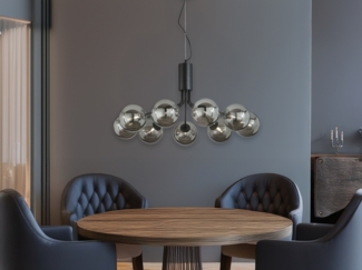 Große LED Pendelleuchte 9-flammig Schwarz mit Glaskugeln Rauchglas, Ø 83cm