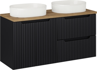 NOVA BLACK Badmöbel-Set 120 cm mit einer Waschtischplatte und 2 Beyond-Aufsatzwaschbecken (40x120cm), Schwarz Teppich,Eiche Wotan