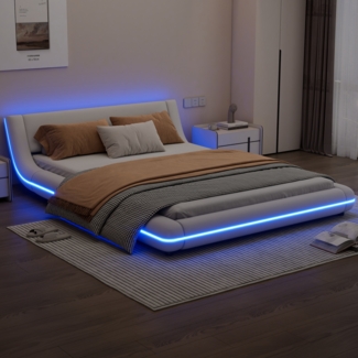 Bodenbett 140x200 cm mit LED-Umgebungslicht, modernes Flachbett aus Kunstleder und MDF, Weißes Plattformbett mit Fernbedienung