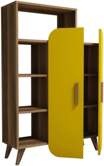 Dmora Bücherregal Agni, Büroregal, Mobiler Buchhalter, Bücherbrett, 90x32 h132 cm, Walnuss und Gelb