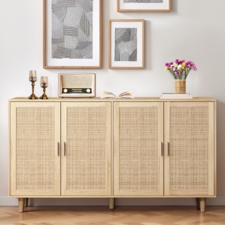 Schrank, 4-türiger Rattan Dekoschrank elegant und funktionell für Schlafzimmer Wohnzimmer Büro, Rattan, Natur, 158 cm