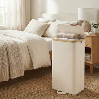 SONGMICS Wäschekorb mit Deckel, Wäschesammler, Wäschetruhe, Wäschesack herausnehmbar, 100 Liter, weiß