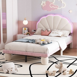 Flieks Polsterbett, LED Beleuchtung Kinderbett Einzelbett mit runden Beine 90x200cm Samt