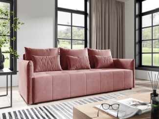 Schlafsofa Leno - Sofa mit Schlaffunktion und Bettkasten, Bettsofa mit Wellenfeder, Bettfunktion, Couch vom Hersteller, Couchgarnitur, Velours (Rosa (Kronos 29))