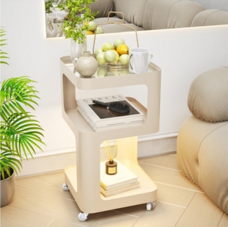 TWSOUL Beistelltisch Nachttisch Metallrahmen+Glasplatte, Sensor-LED&Rollen, Weiß, Couchtisch Ohne Montage, 35x59 cm Wohnzimmer, Schlafzimmer