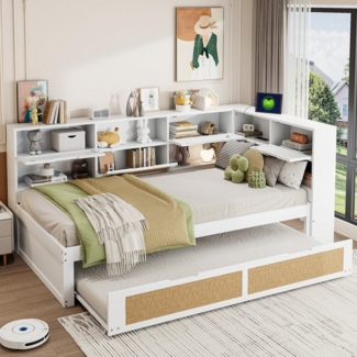 HAUSS SPOLE Schlafsofa 90x200 mit Ausziehbett, vielen Staufächern und Ladeanschluss Weiß, mit Ausziehbett, Stauraum & USB-Ladeanschlüssen – Weiß, für Kinderzimmer & Gästezimmer, ideal für kleine Räume & Familien, ohne Matratze
