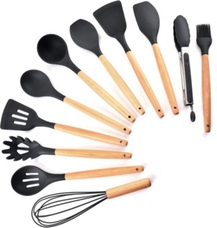 12-teiliges Silikon-Kochgeschirr-Set (mit Ständer) – Premium-Bambus – Küchenutensilien – Küchenset – Kochset – Holz – BPA-frei