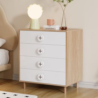 Nachttisch 4-Schubladen Aufbewahrung mit Umfallschutz, Holz/Weiß, Sideboard & Jugendzimmer