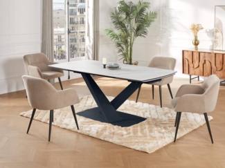 Vente-unique - Esstisch ausziehbar - 6 bis 10 Personen - Sicherheitsglas, Keramik & Metall - Marmor-Optik Weiß & Schwarz - MALATA von Maison Céphy