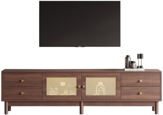 TV-Schrank 180x35x44 cm, dunkle Holzoptik mit Rattantüren, 4 Schubladen und Kabelmanagement,Braun