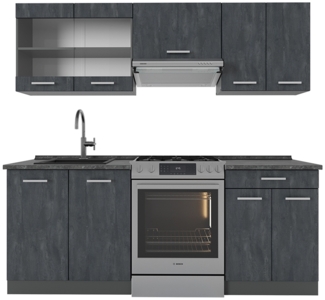 Küche R-Line Schwarz Beton/Anthrazit 200 cm ohne Arbeitsplatte Vicco