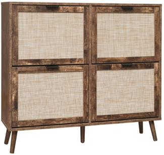 HAUSS SPOLE Schuhschrank Schuhkommode Schuhregal Schuhständer mit doppeltem Regal, Rattan-Optik (Schuhschrank aus Naturholz mit 4 Türen, Rattan-Optik, 105 cm, flexibles Regal, Wandverankerung, geeignet für Flur und Eingangsbereich – bis zu 16 Paar Schuhe)
