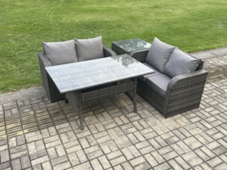 Fimous 4 Sitzer Rattan Gartenmöbel Set Rechteckiger Esstisch und Loveseat Sofa Set mit Beistelltisch Dunkelgrau gemischt
