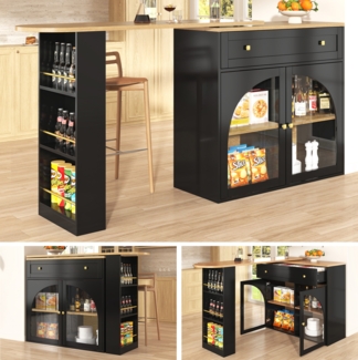 Bartisch, Ausziehbarer Hochtisch mit Stauraum 360° drehbar moderner Bar Table mit Regalen und Glas, MDF+Metall+Glas, Schwarz, 138-204x39x104cm